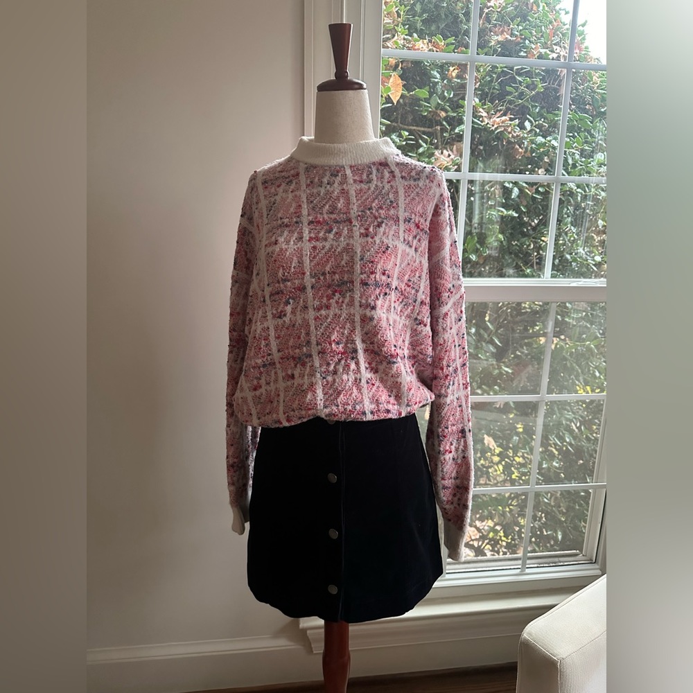 ANN TAYLOR PETITE Pink Blue White Windowpane Tweed Boucle Look Sweater Sz LP